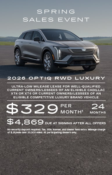 Ultra-low mileage lease for well-qualified current owners/lessees of an eligible Cadillac XT4 or XT6 or current owners/lessees of an eligible competitive luxury brand vehicle.    $329 per month for 24 months. $4,869 due at signing after all offers.   No security deposit required. Tax, title, license, and dealer fees extra. Mileage charge of $0.25/mile over 20,000 miles. At participating dealers only. 