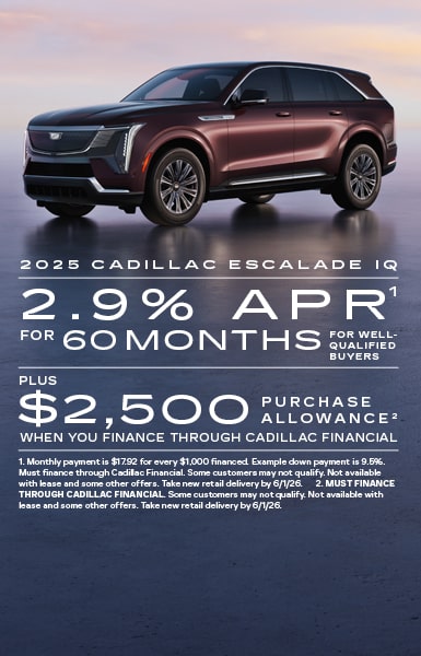 2.9% APR for 60 months for well qualified buyers plus $2,500 purchase allowance when you finance through Cadillac Financial. 