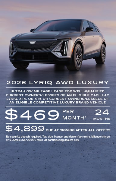 Ultra-low mileage lease for well-qualified current owners/lessees of an eligible Cadillac LYRIQ, XT4, or XT6 or current owners/lessees of an eligible competitive luxury brand vehicle.    $469 per month for 24 months. $4,899 due at signing after all offers.    No security deposit required. Tax, title, license, and dealer fees extra. Mileage charge of $0.25/mile over 20,000 miles. At participating dealers only. 