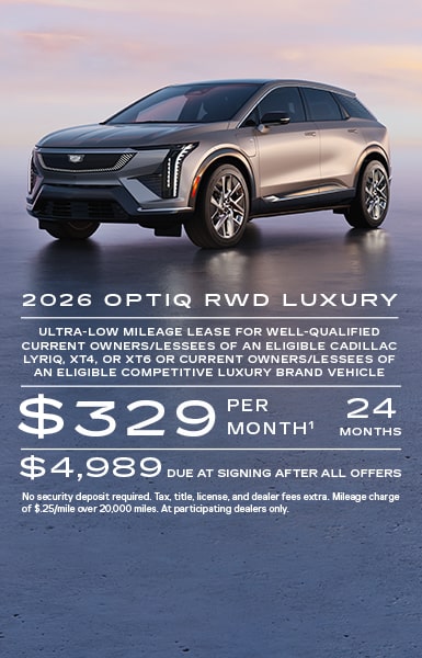 Ultra-low mileage lease for well-qualified current owners/lessees of an eligible Cadillac LYRIQ, XT4, or XT6 or current owners/lessees of an eligible competitive luxury brand vehicle.    $329 per month for 24 months. $4,989 due at signing after all offers. No security deposit required. Tax, title, license, and dealer fees extra. Mileage charge of $0.25/mile over 20,000 miles. At participating dealers only. 