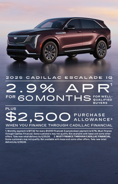 2.9% APR for 60 months for well qualified buyers plus $2,500 purchase allowance when you finance through Cadillac Financial. 