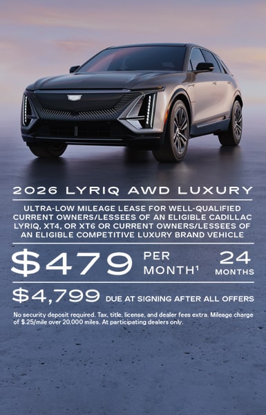 Ultra-low mileage lease for well-qualified current owners/lessees of an eligible Cadillac LYRIQ, XT4, or XT6 or current owners/lessees of an eligible competitive luxury brand vehicle.    $479 per month for 24 months. $4,799 due at signing after all offers.    No security deposit required. Tax, title, license, and dealer fees extra. Mileage charge of $0.25/mile over 20,000 miles. At participating dealers only. 