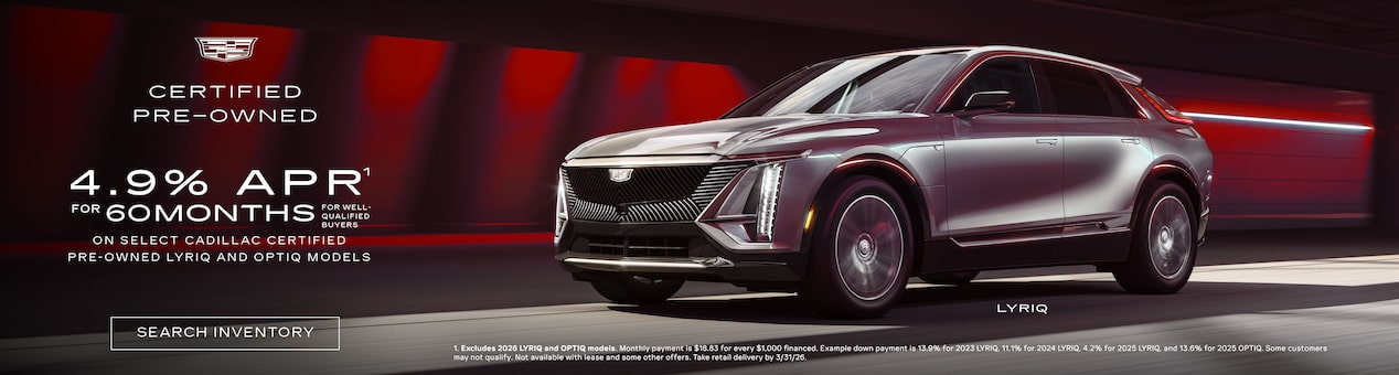 Three-quarter View of a 2025 Cadillac XT6 Parked Under a Beautiful Sky Next to a Current Offers Promotional Text