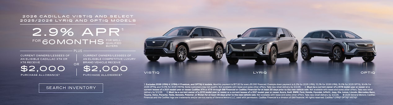 Three-quarter View of a 2026 Cadillac VISTIQ Parked Under a Beautiful Sky Next to a Current Offers Promotional Text