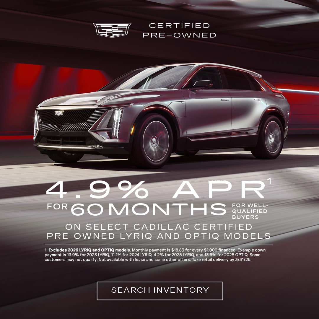 Three-quarter View of a 2025 Cadillac XT6 Parked Under a Beautiful Sky Next to a Current Offers Promotional Text