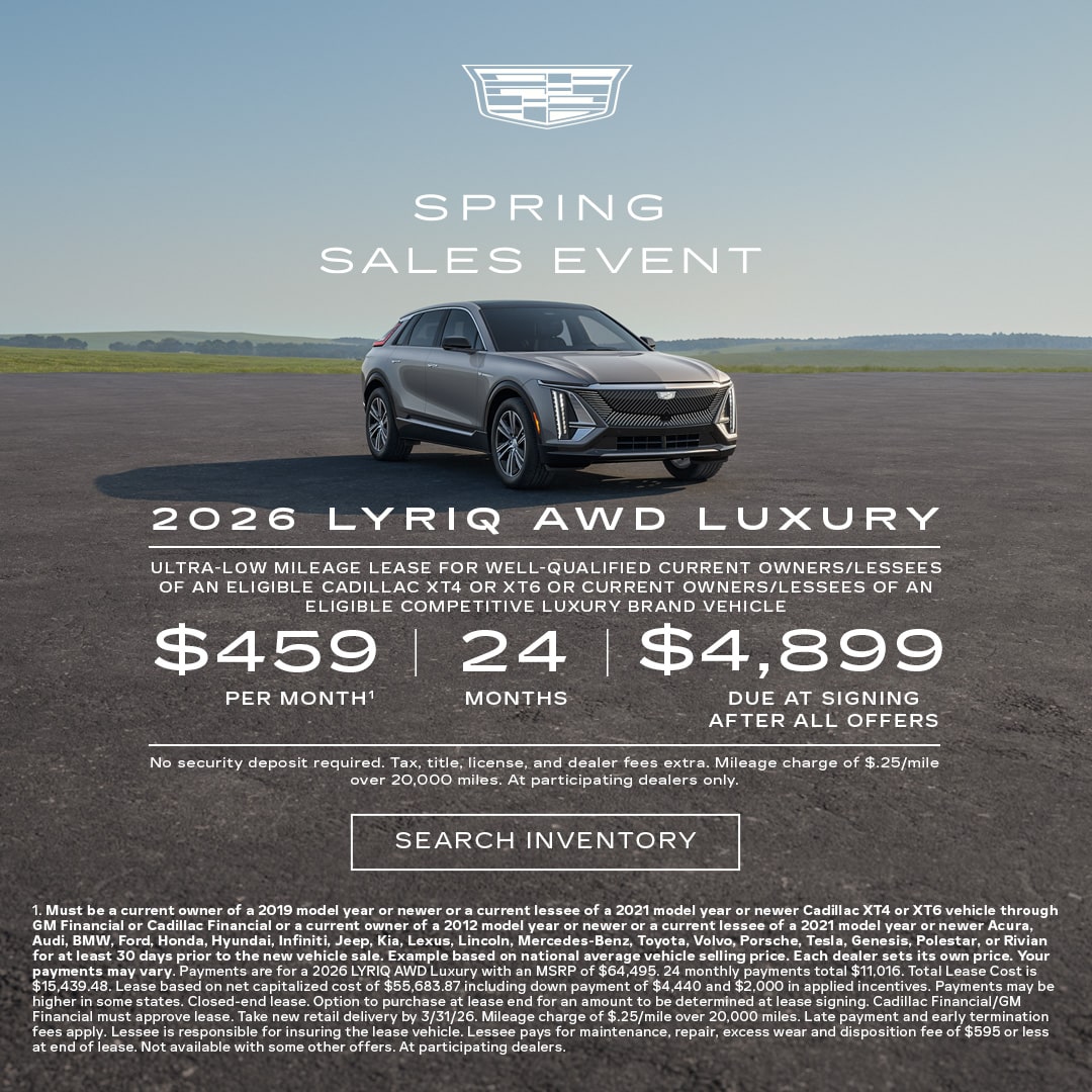 Three-quarter View of a 2026 Cadillac VISTIQ Parked Under a Beautiful Sky Next to a Current Offers Promotional Text