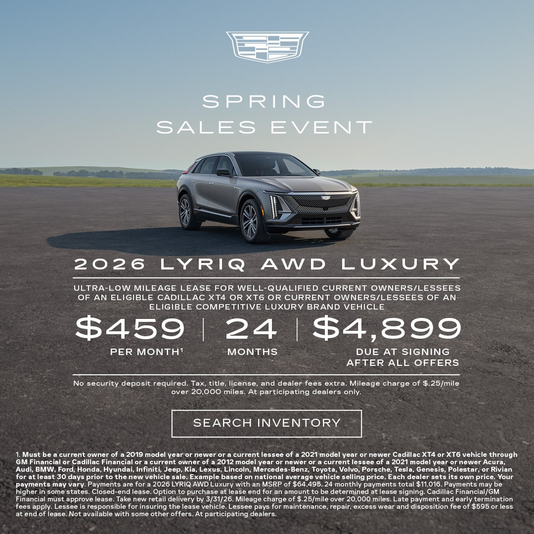 Three-quarter View of a 2026 Cadillac VISTIQ Parked Under a Beautiful Sky Next to a Current Offers Promotional Text