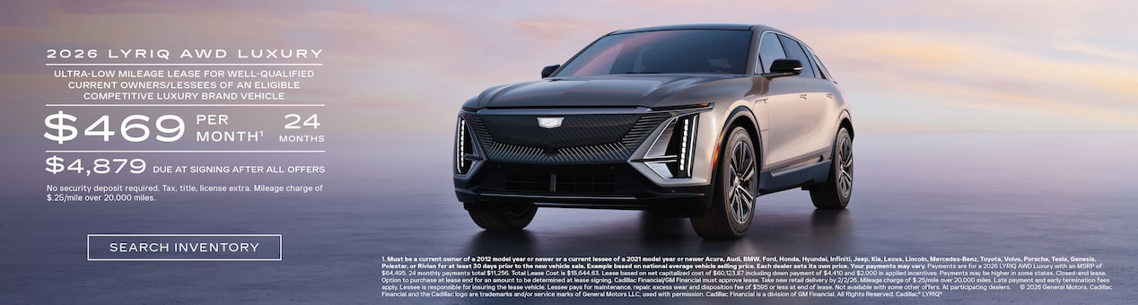 Three-quarter View of a 2026 Cadillac OPTIQ Parked Under a Beautiful Sky Next to a Current Offers Promotional Text