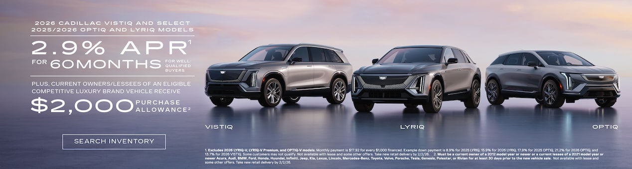 Three-quarter View of a 2025 Cadillac XT6 Parked Under a Beautiful Sky Next to a Current Offers Promotional Text