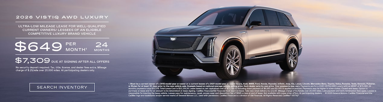 Three-quarter View of a 2025 Cadillac XT5 Parked Under a Beautiful Sky Next to a Current Offers Promotional Text