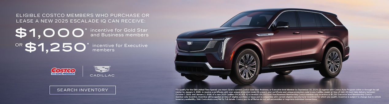 Three-quarter View of a 2025 Cadillac XT5 Parked Under a Beautiful Sky Next to a Current Offers Promotional Text 