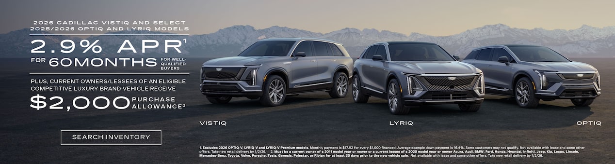 Three-quarter View of a 2025 Cadillac OPTIQ Parked Under a Beautiful Sky Next to a Current Offers Promotional Text