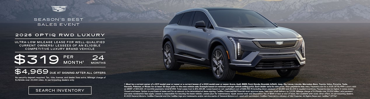 Three-quarter View of a Cadillac VISTIQ, LYRIQ, and OPTIQ Parked Under a Beautiful Sky Next to a Current Offers Promotional Text