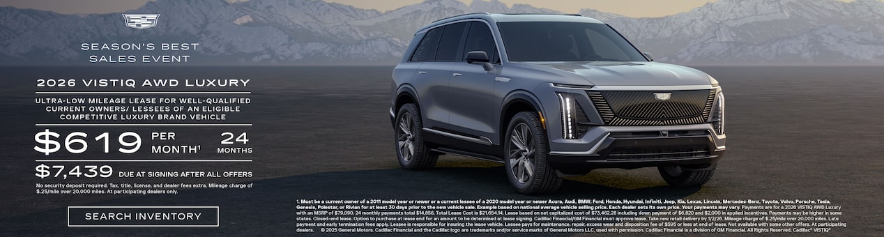 Three-quarter View of a 2025 Cadillac LYRIQ Parked Under a Beautiful Sky Next to a Current Offers Promotional Text