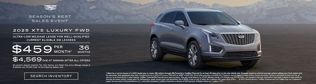 Three-quarter View of a 2026 Cadillac VISTIQ Parked Under a Beautiful Sky Next to a Current Offers Promotional Text
