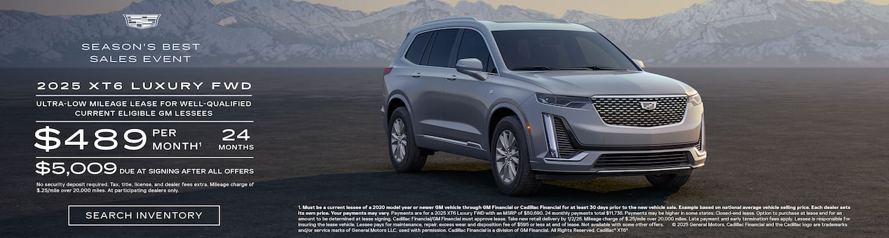 Three-quarter View of a 2025 Cadillac XT6 Parked Under a Beautiful Sky Next to a Current Offers Promotional Text