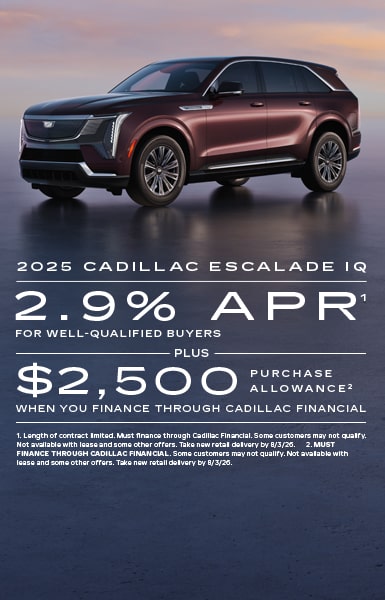 2.9% APR for 60 months for well qualified buyers plus $2,500 purchase allowance when you finance through Cadillac Financial.