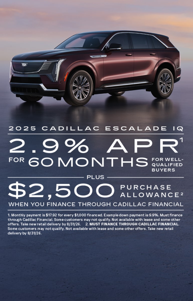 APR del 2.9% por 60 meses para compradores con buena calificación, más bono de compra de $2,500 al financiar a través de Cadillac Financial.