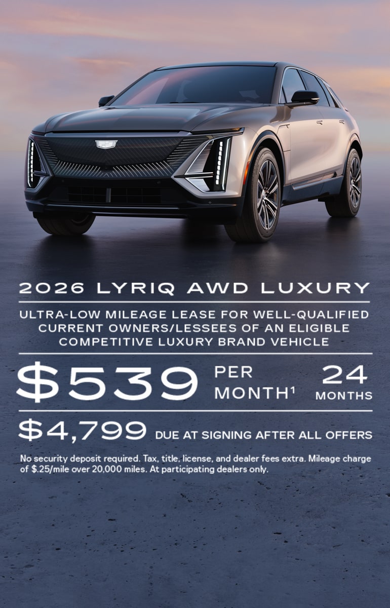 Arrendamiento de millaje ultrabajo para propietarios/arrendatarios actuales bien calificados de un Cadillac LYRIQ, XT4 o XT6 elegible, o propietarios/arrendatarios actuales de un vehículo de marcas de lujo de la competencia que sea elegible. $539 por mes durante 24 meses. $4,799 al firmar después de todas las ofertas. No se requiere depósito de seguridad. Impuesto, título, licencia y cargos del concesionario extra. Se aplica cargo de $0.25 por milla al exceder 20,000 millas. Solo en concesionarios participantes.