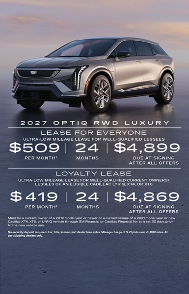 2027 OPTIQ RWD Luxury Ultra-low mileage lease for well-qualified current owners/lessees of an eligibale competitive vehicle. $409 per month for 24 months. $4,889 due at signing after all offers. No security deposit required. Tax, title, license, and dealer fees extra. Mileage charge of $.25/mile over 20,000 miles. At participating dealers only.