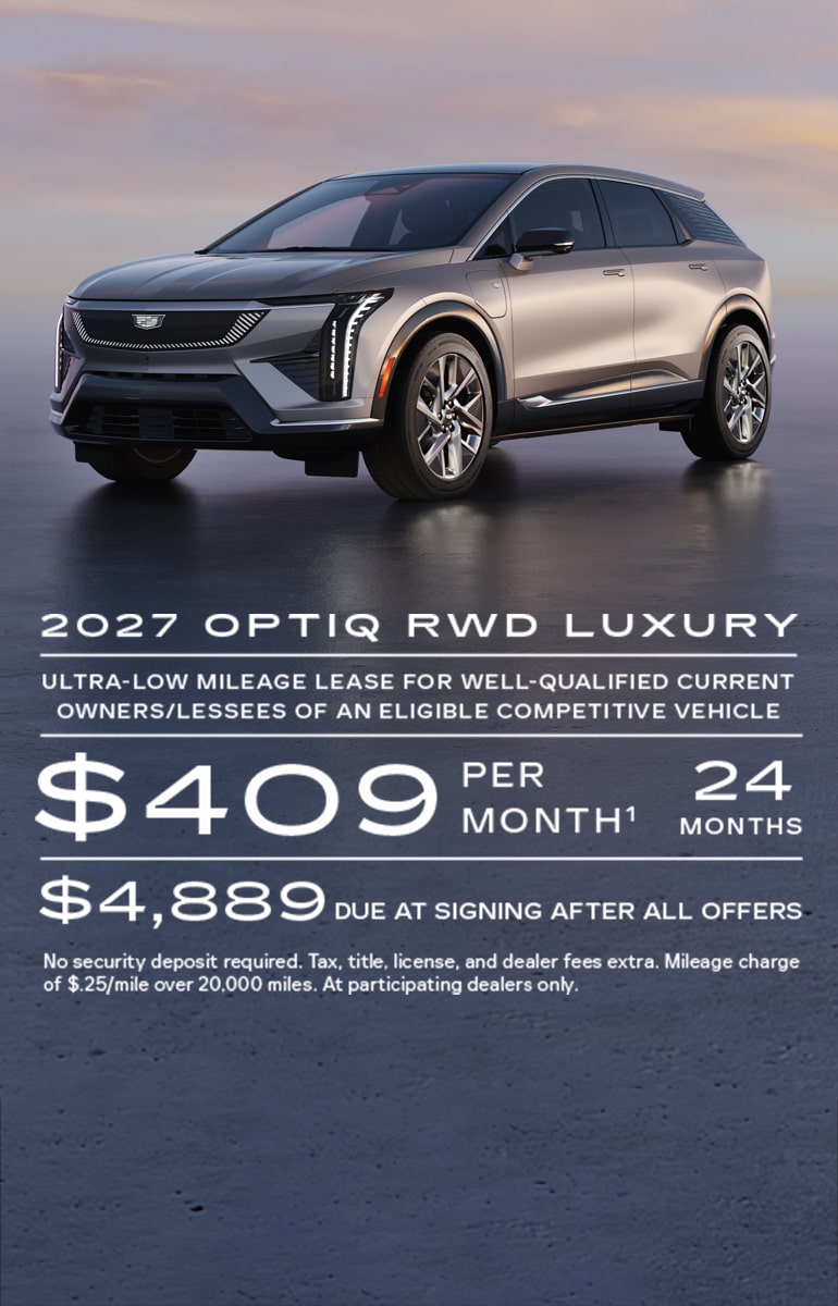 2027 OPTIQ RWD Luxury Ultra-low mileage lease for well-qualified current owners/lessees of an eligibale competitive vehicle. $409 per month for 24 months. $4,889 due at signing after all offers. No security deposit required. Tax, title, license, and dealer fees extra. Mileage charge of $.25/mile over 20,000 miles. At participating dealers only.