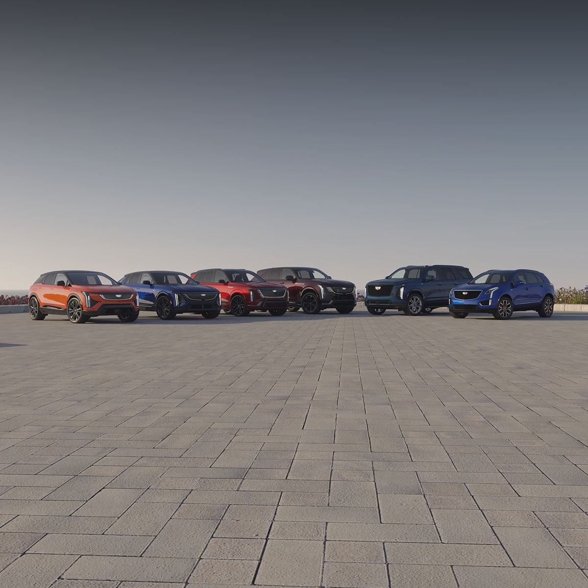 A Line of six Cadillac SUVs in Multiple Colors on a Tiled Plaza