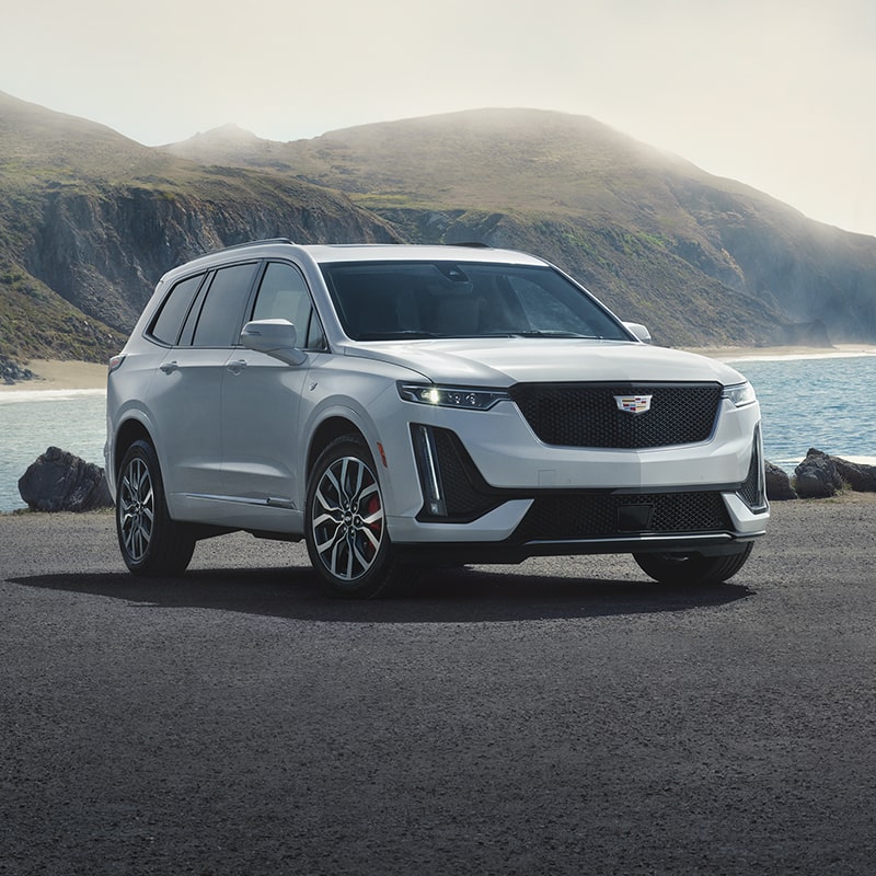 A Cadillac XT6 Parked Along the Coast with a View of a Mountain in the Distance