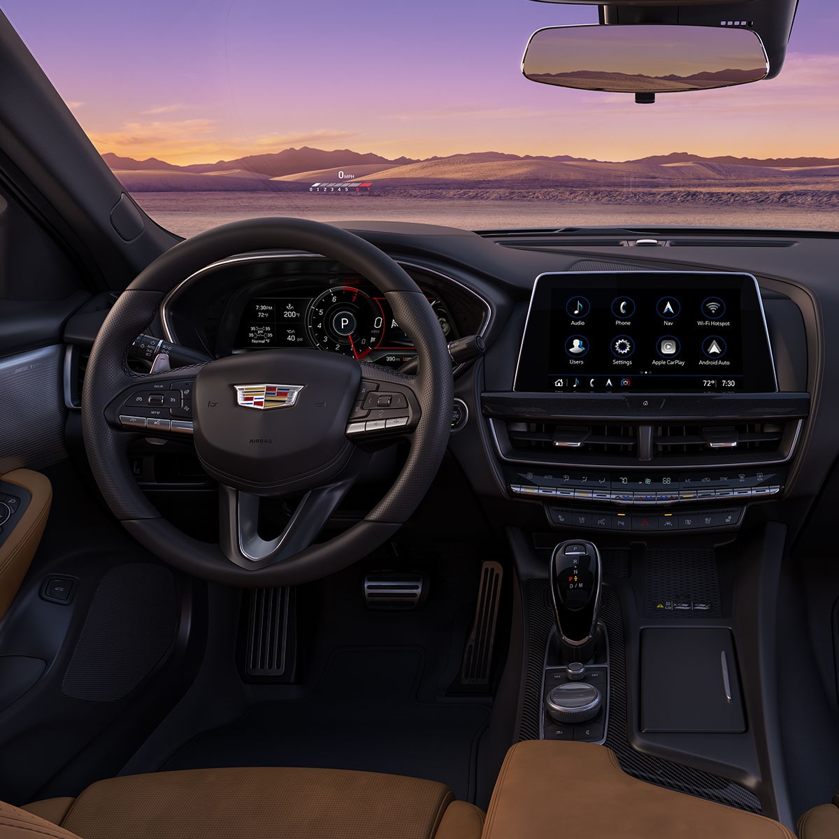 Interior del Cadillac CT5 en Sedona Sauvage con detalles en Negro Azabache, con la puesta de sol en el exterior