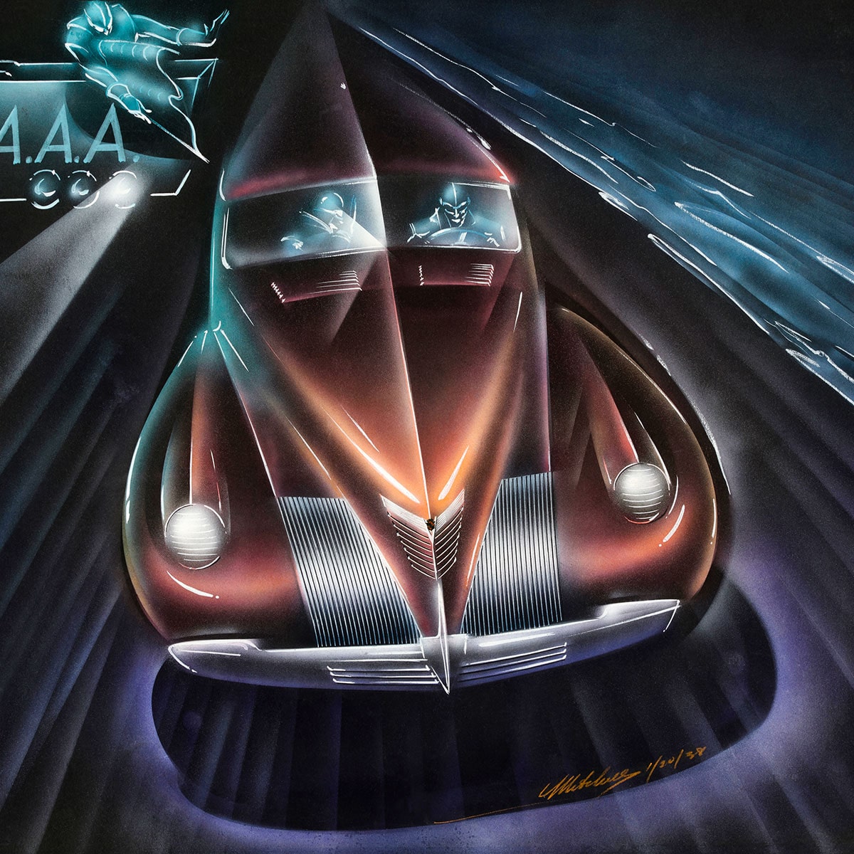 Propuesta de "parrilla baja" 1939, por William "Bill" Mitchell, 1/20/1938. Impresión digital de la representación original, lápiz, gouache sobre papel Canson. Del archivo de diseño y colecciones especiales de GM