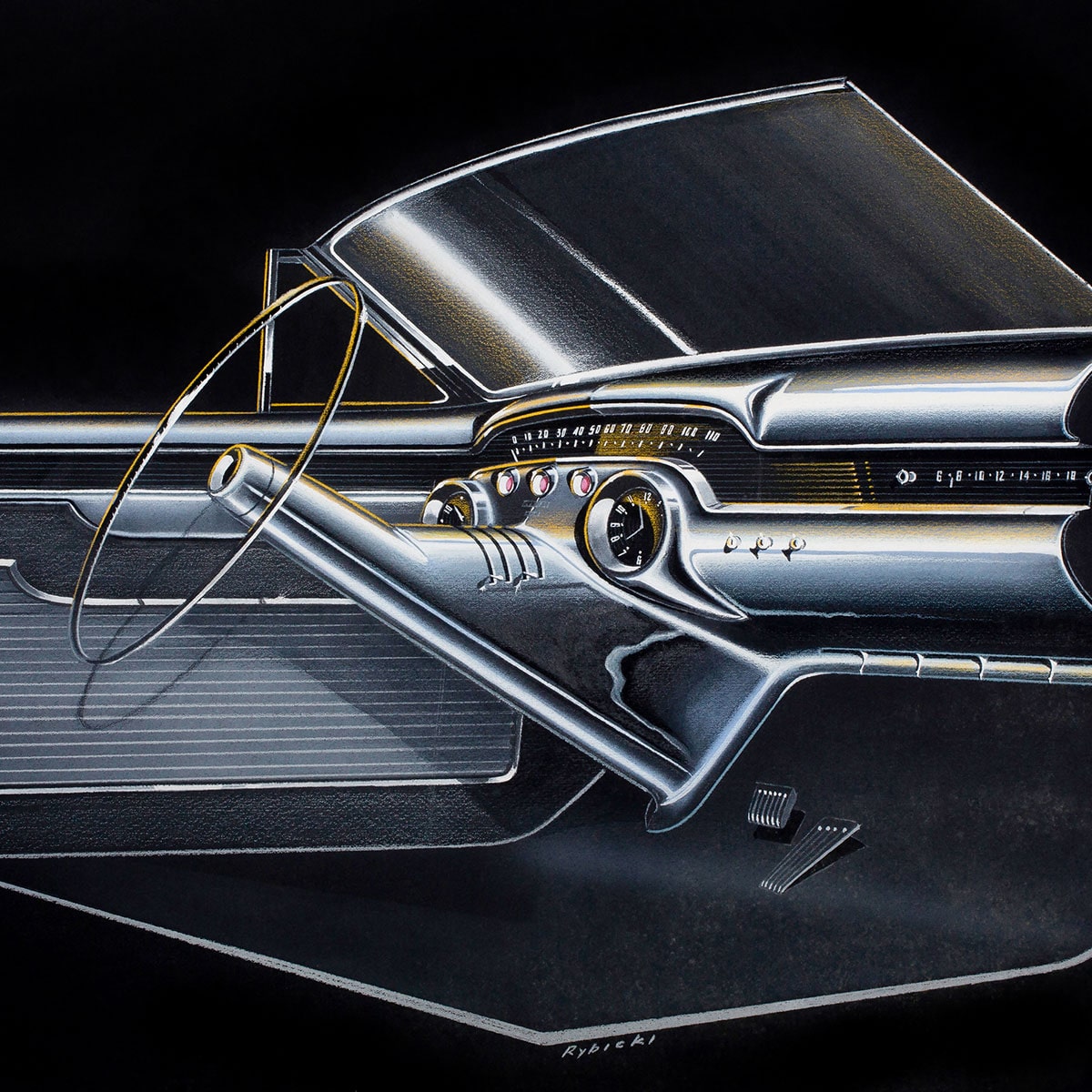 Parte delantera, por Wayne Kady, sin fecha. Impresión digital de la representación original, lápiz, gouache sobre papel Canson. Del archivo de diseño y colecciones especiales de GM