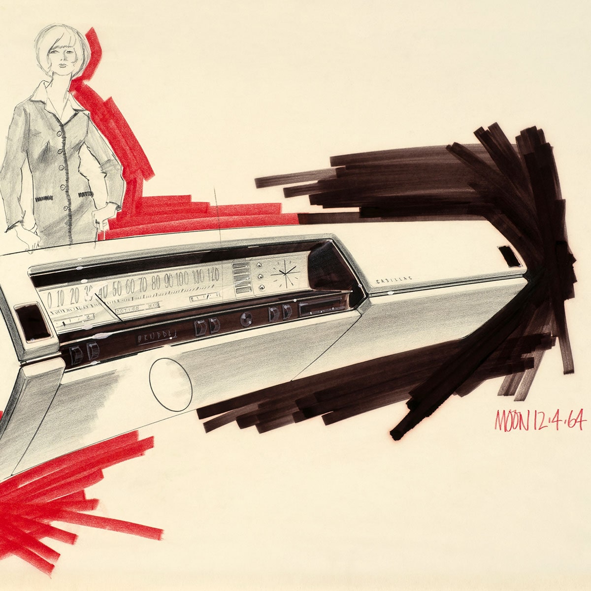 Panel de instrumentos, por George Moon, 12/4/1964. Impresión digital de la representación original, lápiz, gouache, tinta sobre papel vitela. Del archivo de diseño y colecciones especiales de GM