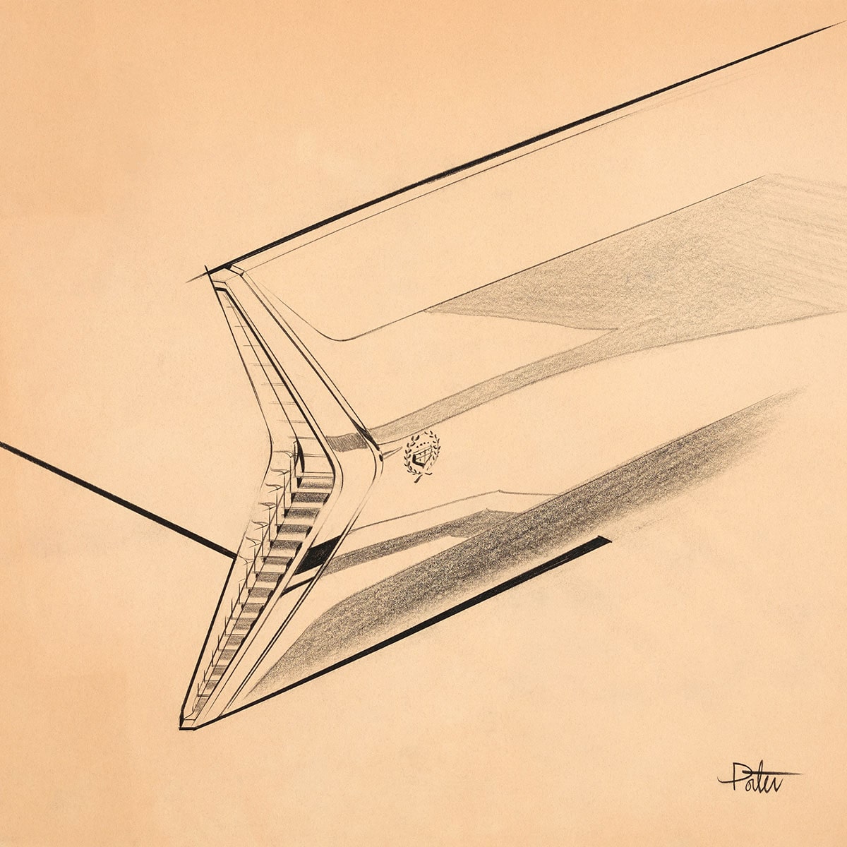 Detalle de la aleta trasera, por William "Bill" Porter, sin fecha. Impresión digital de la representación original, lápiz sobre papel. Del archivo de diseño y colecciones especiales de GM