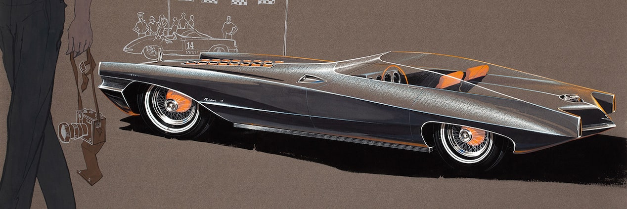 "Cyclone 16" convertible, por Don Roper, 1/15/1962. Impresión digital de la representación original, lápiz, gouache sobre papel Canson. Del archivo de diseño y colecciones especiales de GM