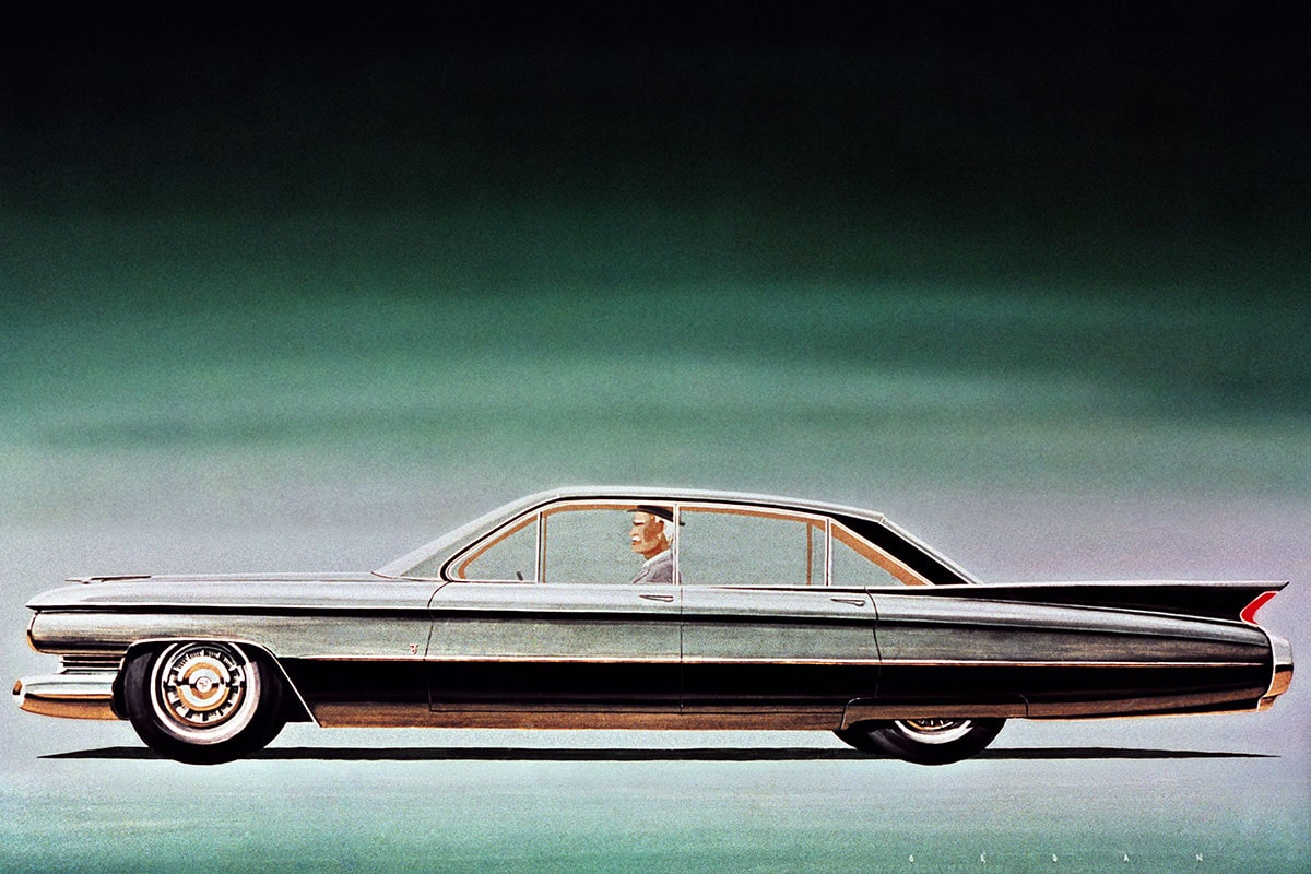 Eldorado Brougham 1959 con conductor, por Charles "Chuck" Jordan, sin fecha, aproximadamente de la década de 1950. Impresión digital de la representación original, gouache y acrílico sobre tabla. Del archivo de diseño y colecciones especiales de GM