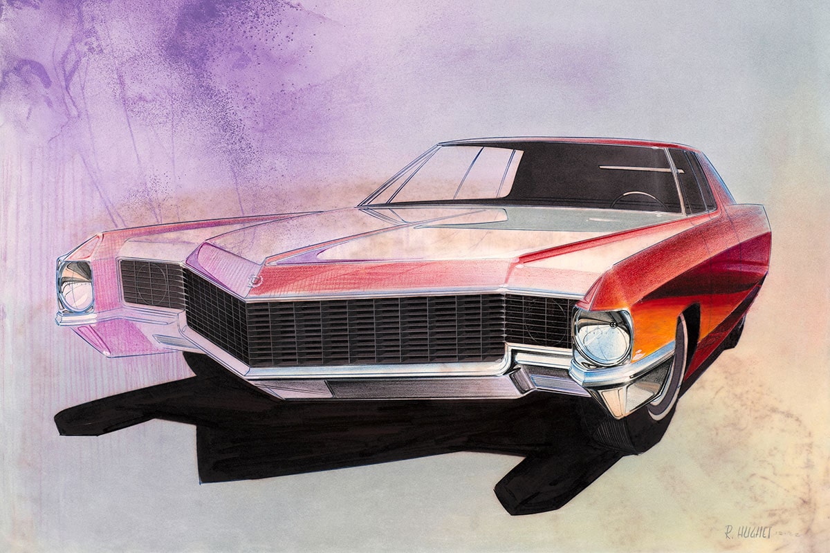 Fascia delantera de sedán, por Roger Hughet, diciembre de 1962. Impresión digital de la representación original, lápiz, tinta gouache sobre papel vitela. Del archivo de diseño y colecciones especiales de GM
