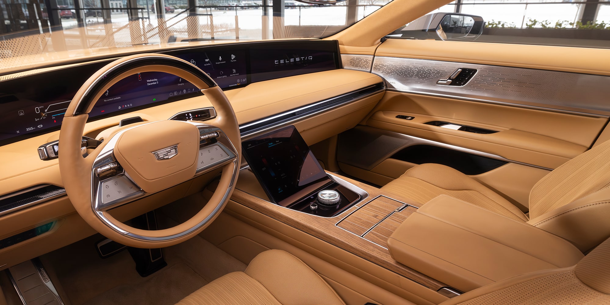 A Close-Up of a Cadillac CELESTIQ Car Seat Headrest Features its Embossed Logo.