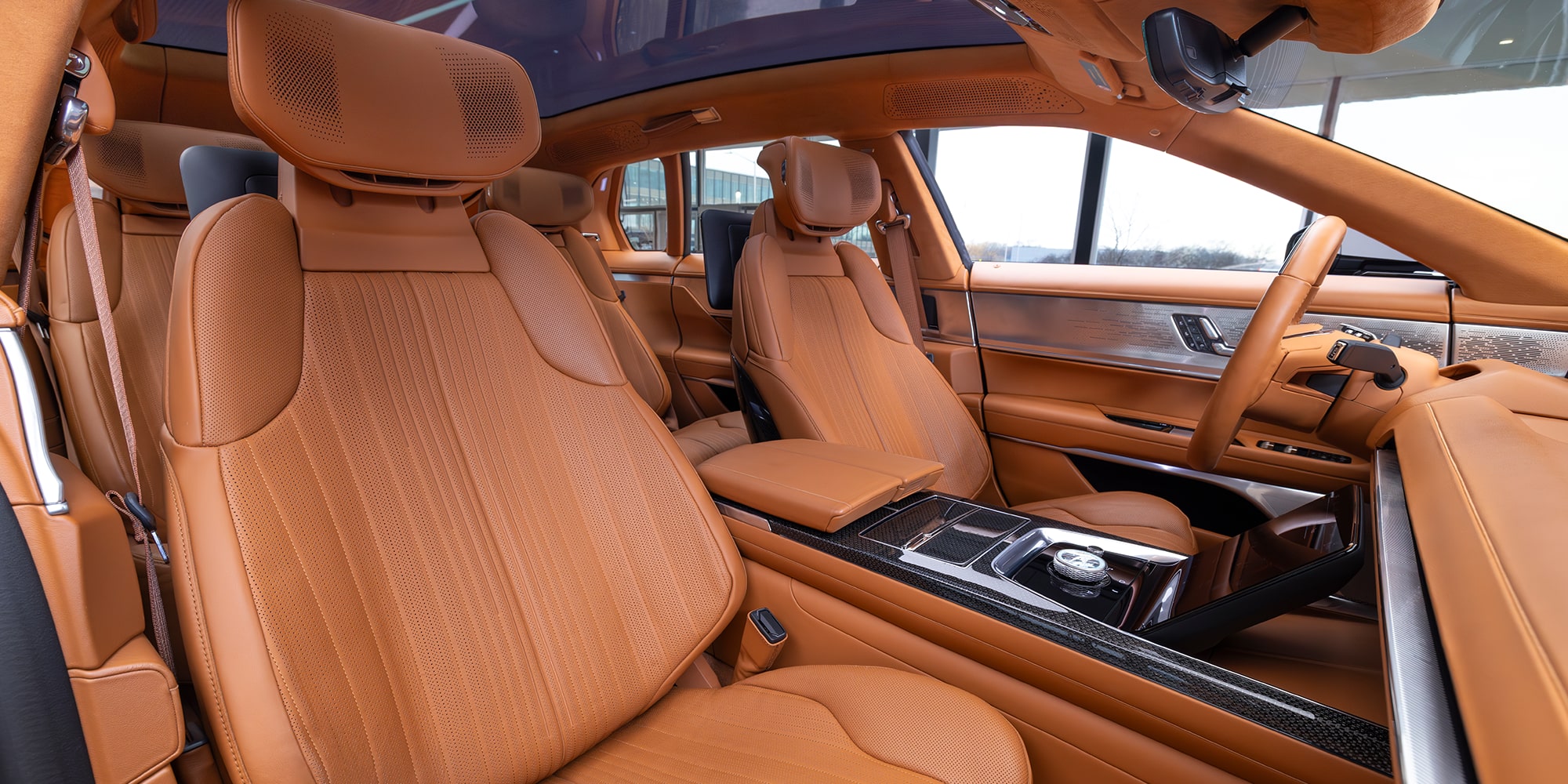 A Close-Up of a Cadillac CELESTIQ Car Seat Headrest Features its Embossed Logo.