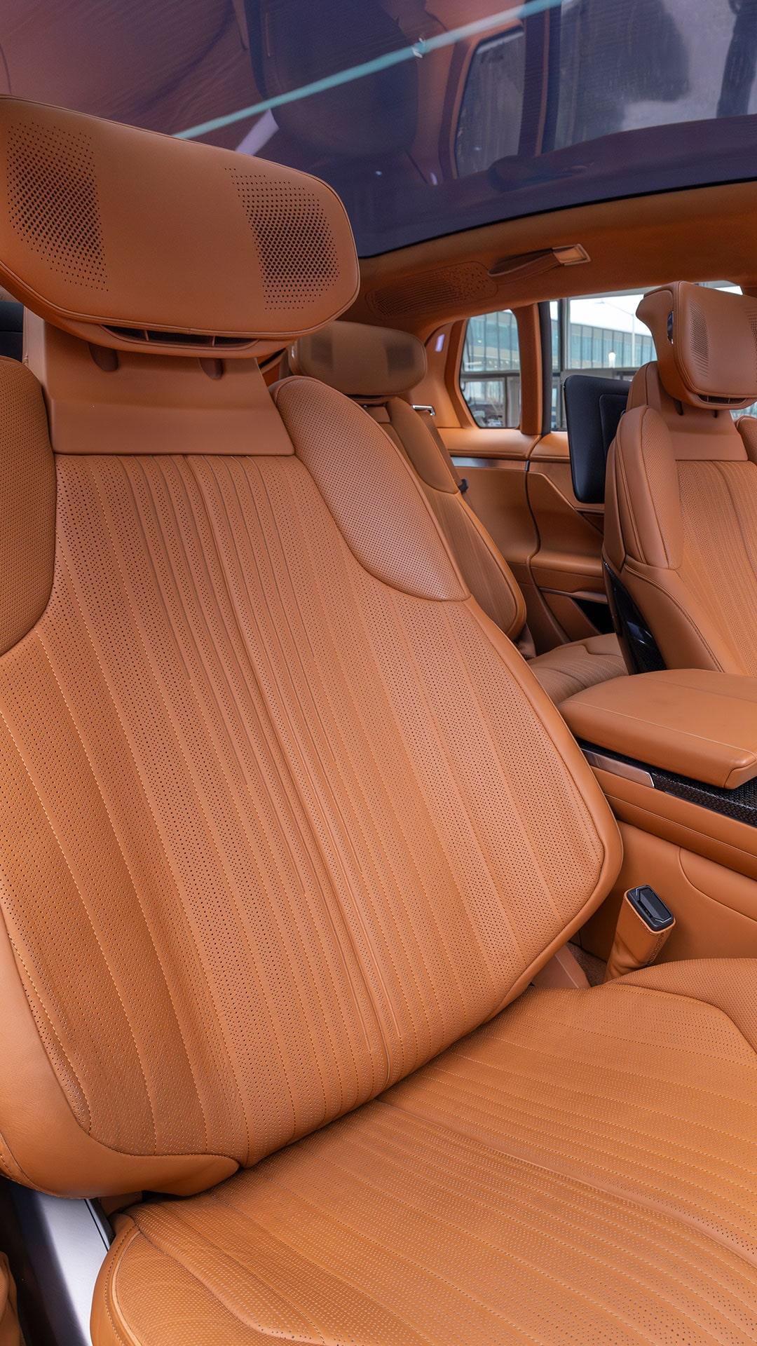An Extreme Close-Up of a Cadillac CELESTIQ Car Seat Headrest Featuring its Embossed Logo.