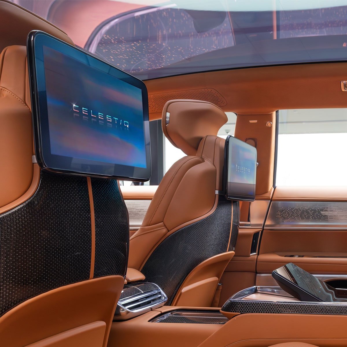 The Cadillac CELESTIQ Car's Luxurious Interior Shows a Wide Dashboard with Multiple Digital Screens.