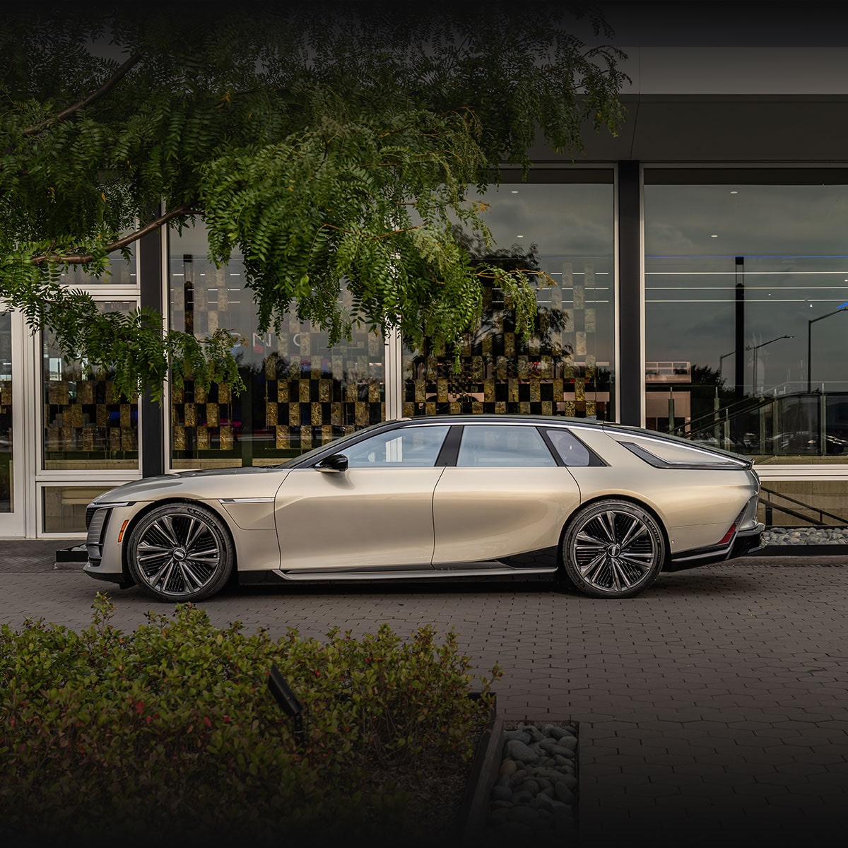 A Light Metallic Gold Cadillac CELESTIQ Parked in Front of a Building, With 'FITZ GRAY' Written Below.