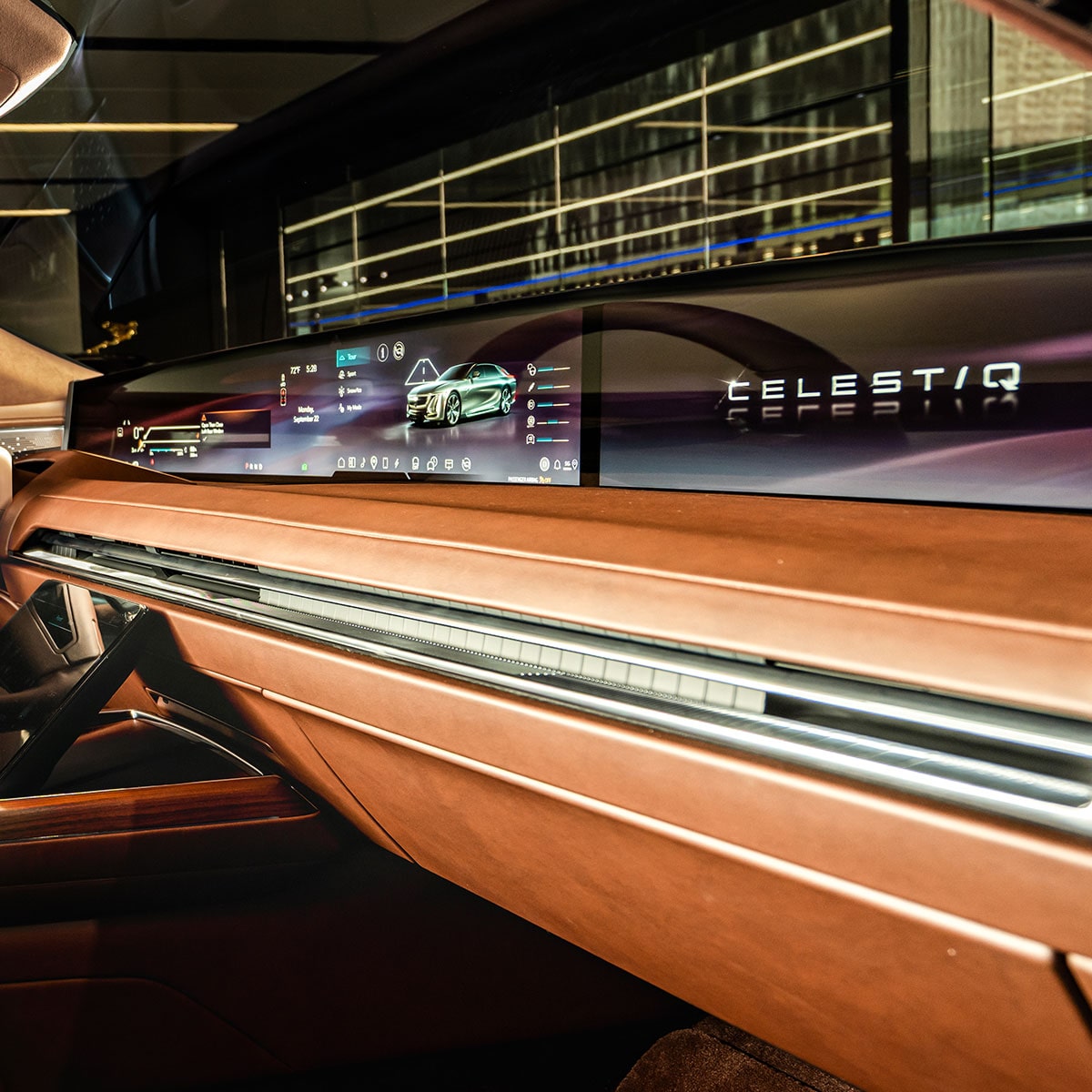 A Close-Up of the Cadillac CELESTIQ Dashboard, Showcasing a Wide Digital Display Featuring the Word 'CELESTIQ'.