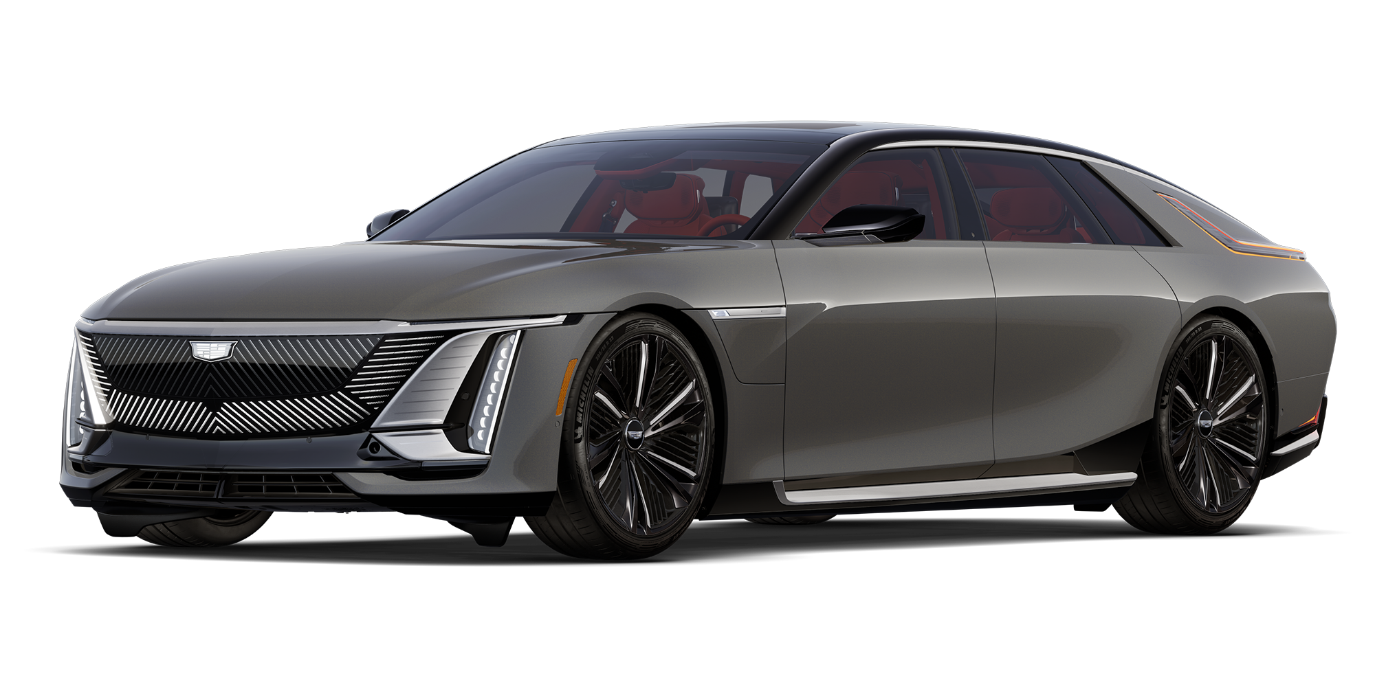 A Stylish Gray Cadillac CELESTIQ Luxury Electric Vehicle with a Visible Red Interior Parked Against a Solid Dark Background.