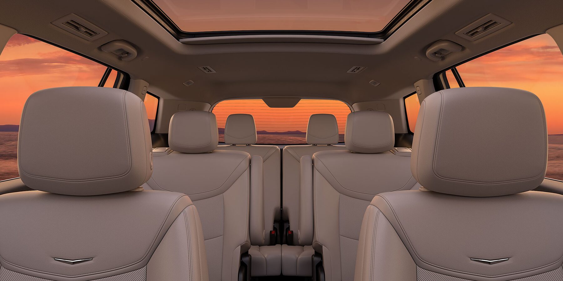 Dashboard view of the front, middle and third seat row in the Luxury Cadillac XT6