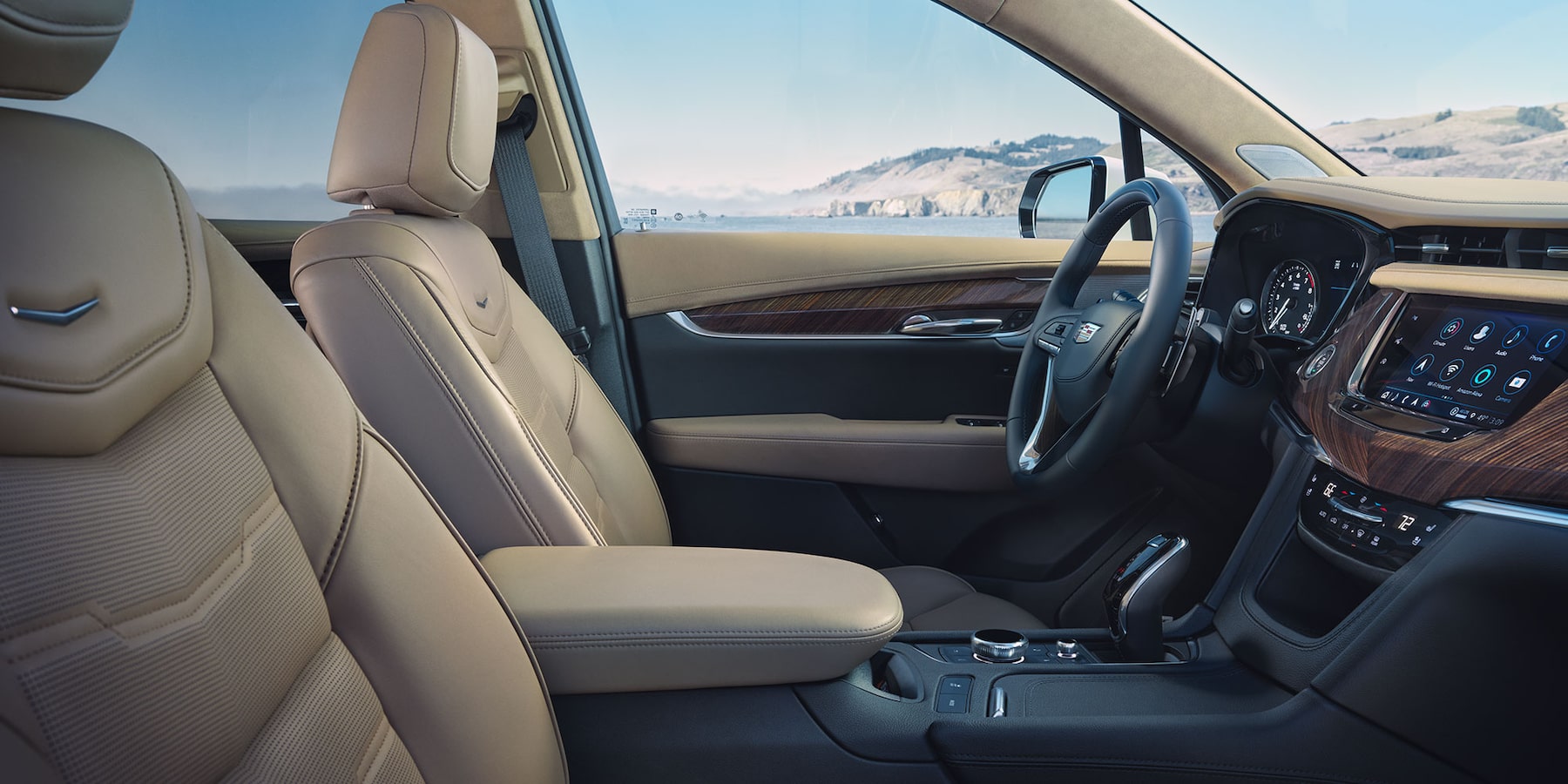 Cadillac XT6 tan leather interior with wooden accents