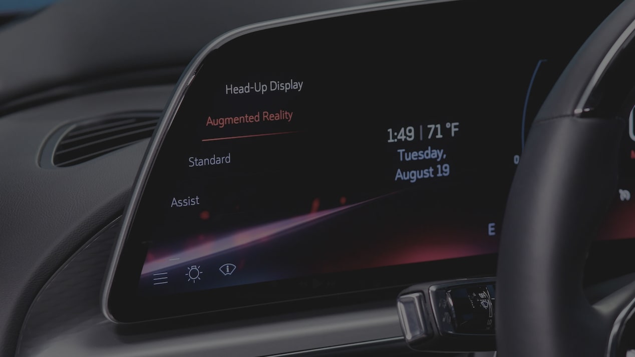 Close-up of the Cadillac LYRIQ Augmented Reality Feature on the Driver's Dashboard Screen
