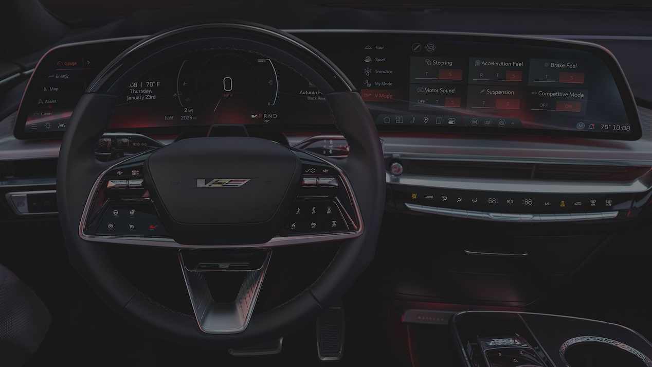 2027 Cadillac LYRIQ-V Interior With a Steering Wheel, Digital Instrument Panel, and 33-Inch LED Display.