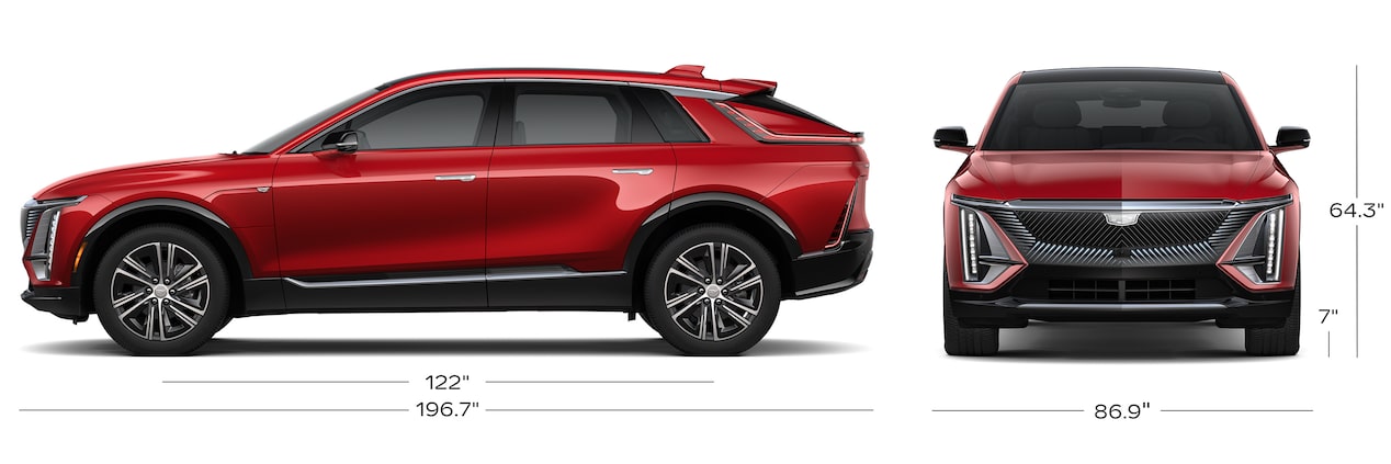 The Side Profile and Front Profile of a Red 2025 Cadillac LYRIQ