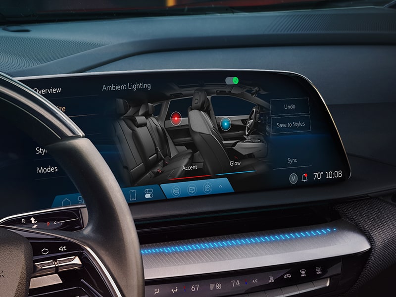 Opciones de iluminación ambiental del sistema de infoentretenimiento de Cadillac OPTIQ 2025