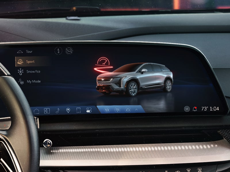Primer plano de las opciones de modo de conducción en la pantalla de infoentretenimiento de Cadillac OPTIQ 2025