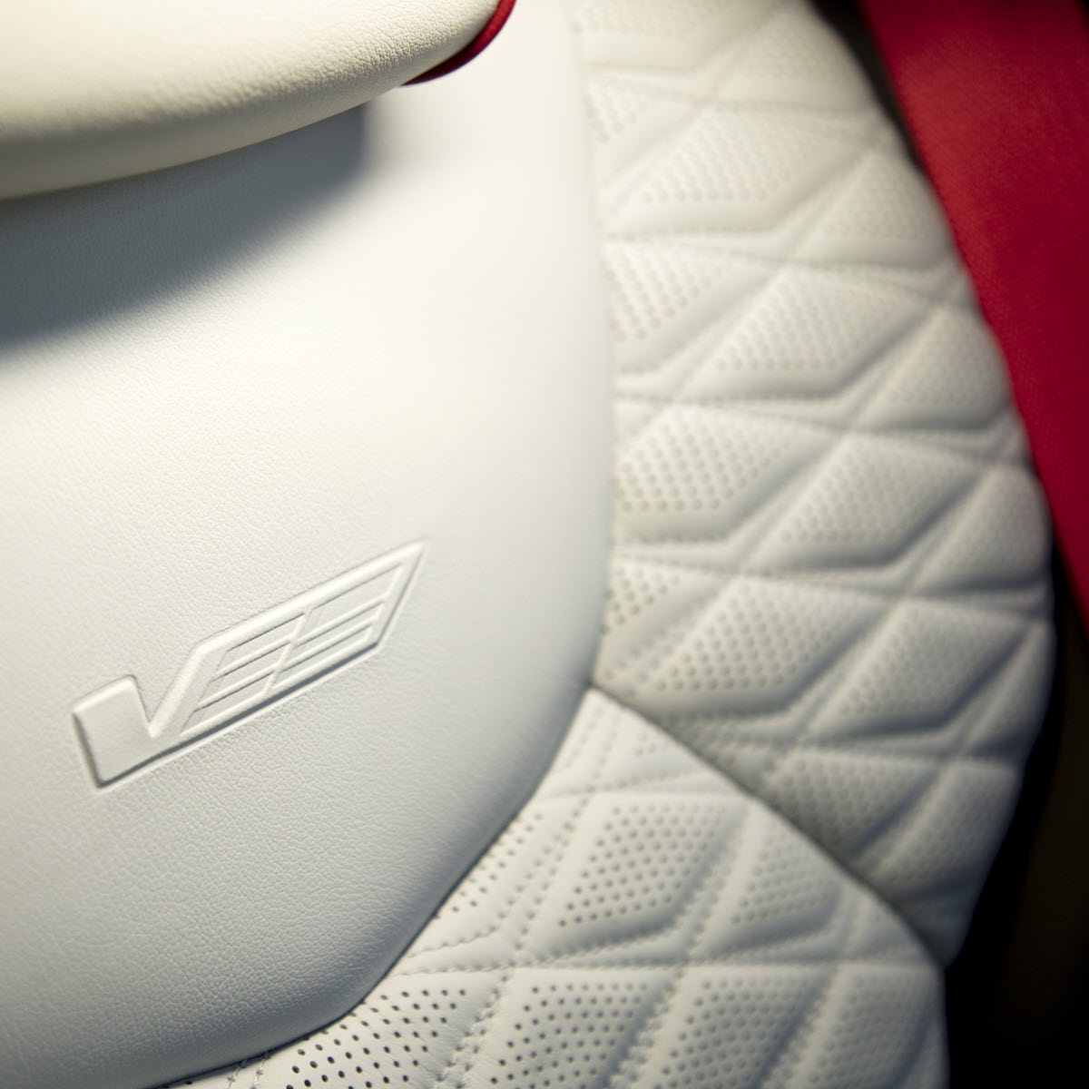 Close-up of the 2025 Cadillac CT4-V Race-inspired White Leather Seating